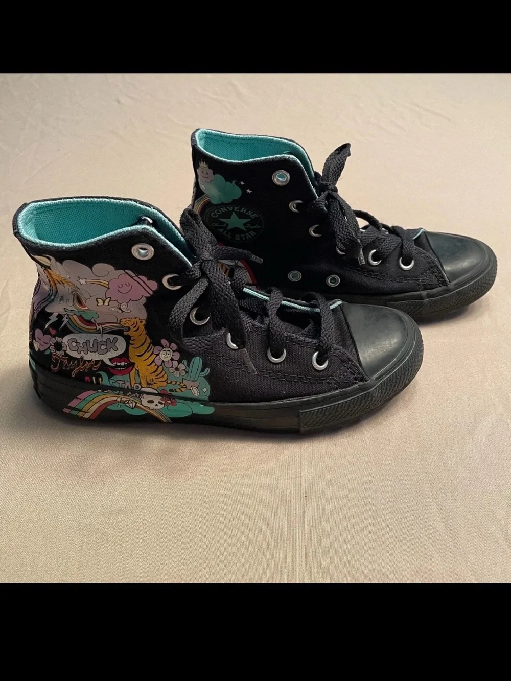 Converse Kids Black High-Top Sneakers with Rainbow and Character Graphics